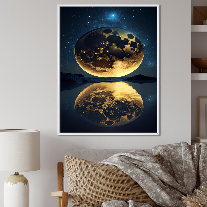 «Golden Full Moon Beach Dream By Night Shore I», reproduction sur toile, H 20 po x l 12 po x P 1 po, Cadre flottant blanc
