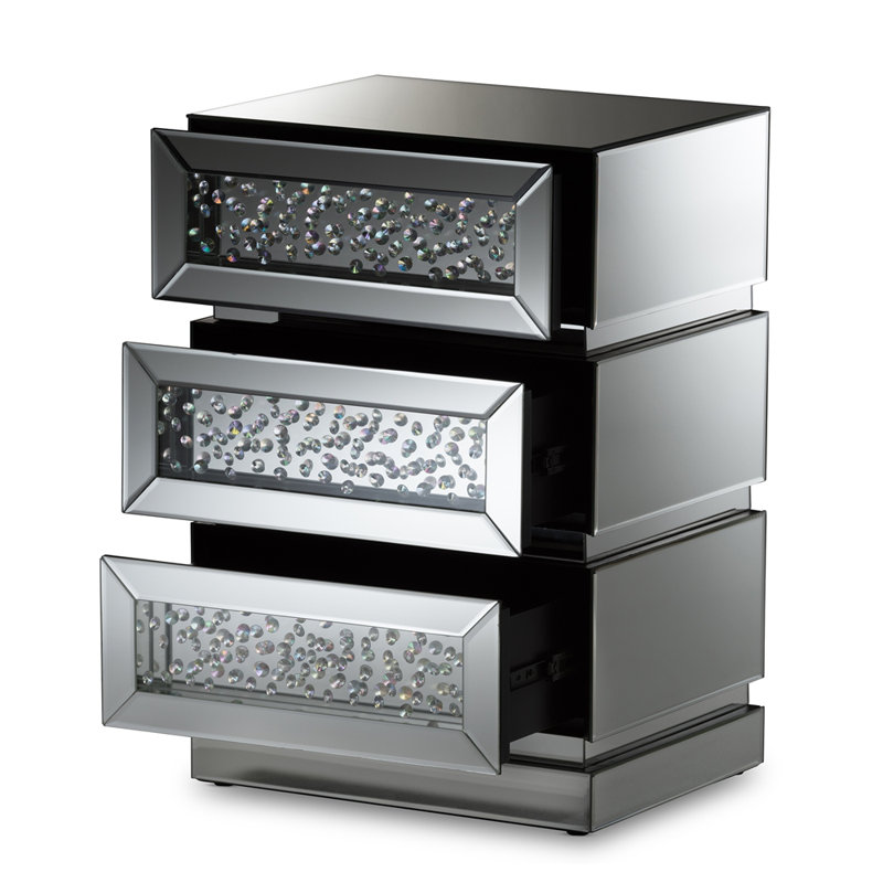 Krystale 3-Drawer Mirrored Nightstand in Glamourous Style, 26.18'' H X 17.91'' W X 13.98'' D
