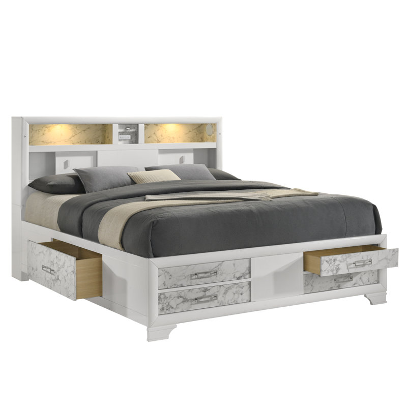 Grand lit de style soul Soul avec tiroirs de pied de lit et tablettes en bois blanc, Grand lit