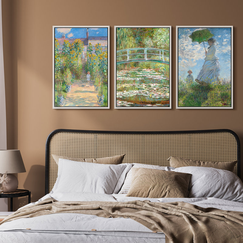 Claude Monet, art mural sur toile encadré jardin et paysage - ensemble impressionniste de 3 pour décoration intérieure classique