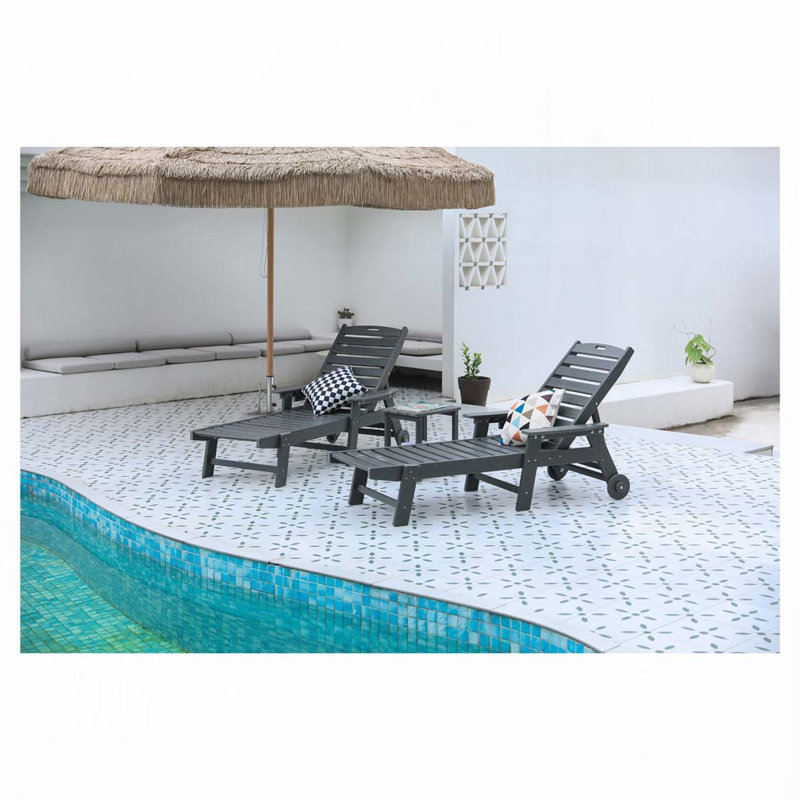 Outdoor HDPE Patio Chaise Lounge Chair with 5 Positions with Wheels & Cup Holder for Pool, Gray