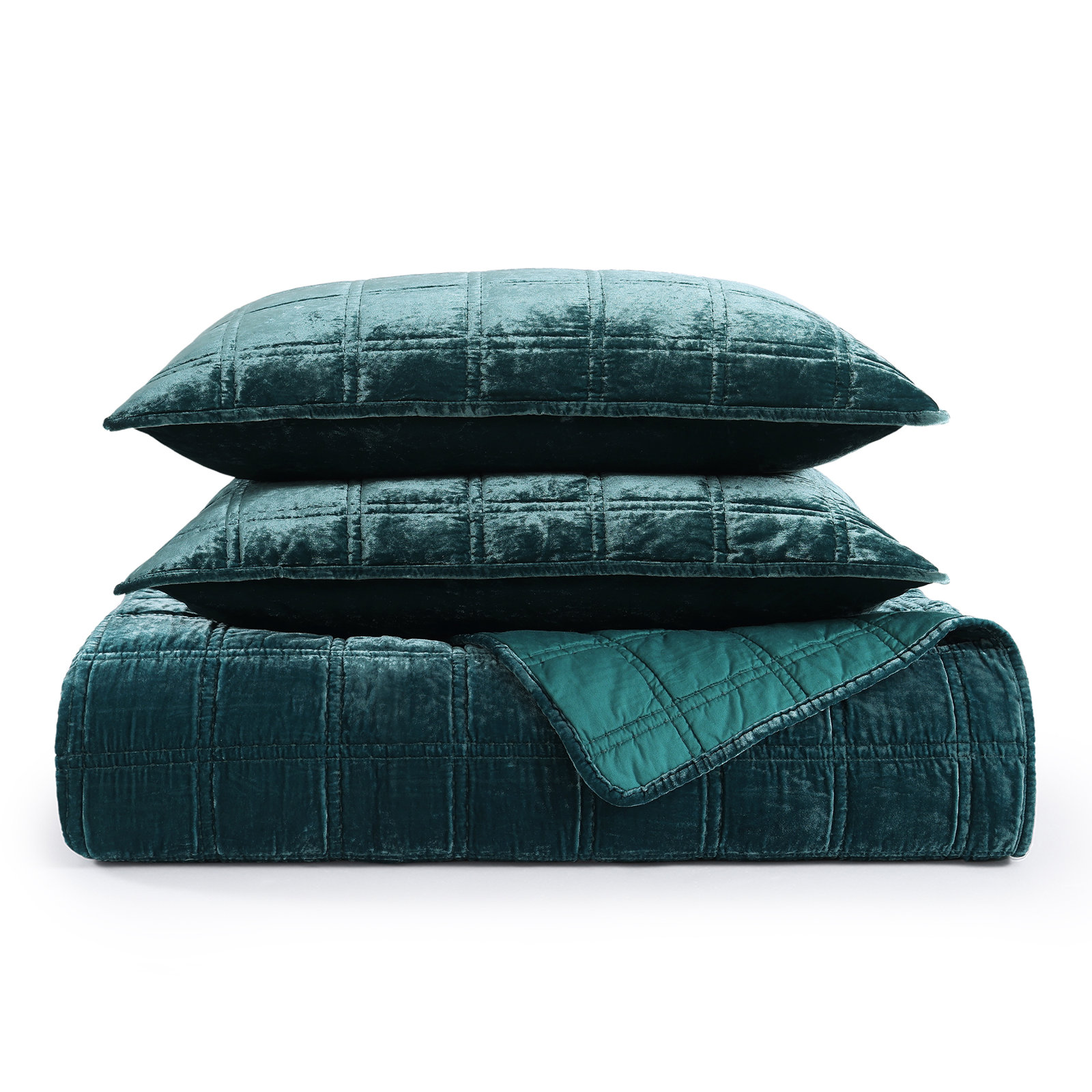 Stella Faux Silk Double Box Stitch Classic Chic Casual Modern Rustic Quilt Set, King Quilt + 2 King Pillowcases, Storm Blue