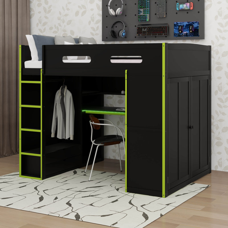 Lit mezzanine double avec bureau intégré, garde-robe, tiroirs de rangement et lumière DEL RVB, Green