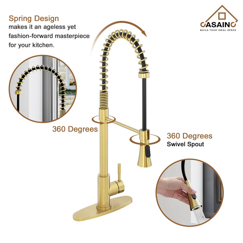 Spring Pull Down Sprayer Kitchen Faucet with Dual-Function Spray Head and Deck Plate, Brushed Gold