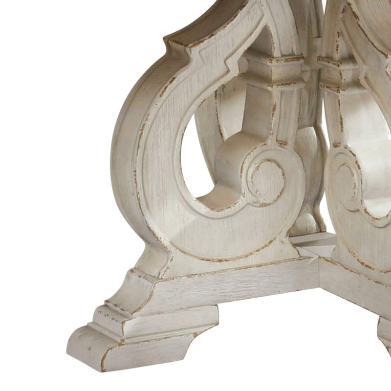 Elegant Rustic 7Pc Dining Set Round Table 6X Side Chairs Ivory Fabric Upholstered Seat Antique White