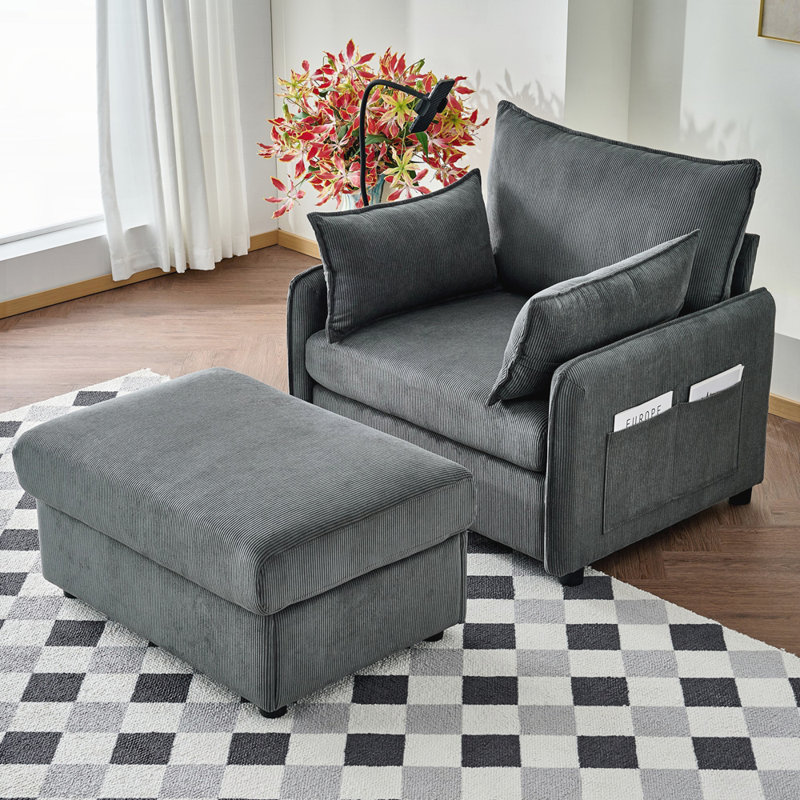 Chaise longue rembourrée avec repose-pieds et rangement Corduroy, Gris