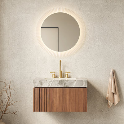 Meuble-lavabo de salle de bain de 76 cm (30 po), armoire flottante en contreplaqué avec tiroir et porte, comptoir en pierre frittée grise, lavabo en céramique avec trous de trop-plein pour robinetterie standard, préassemblé, meuble-lavabo et lavabo, rangement, comptoir, 3