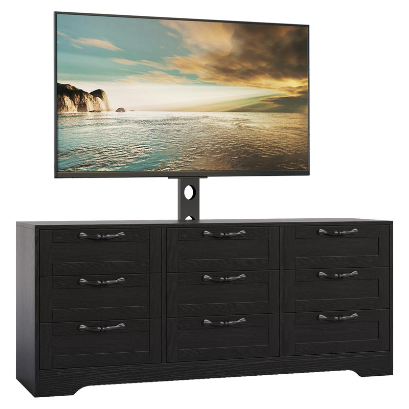 55" TV Stand with Mount for TVs 26–75", Modern Media Console with 9 Drawers & Adjustable Height TV Bracket, Black
