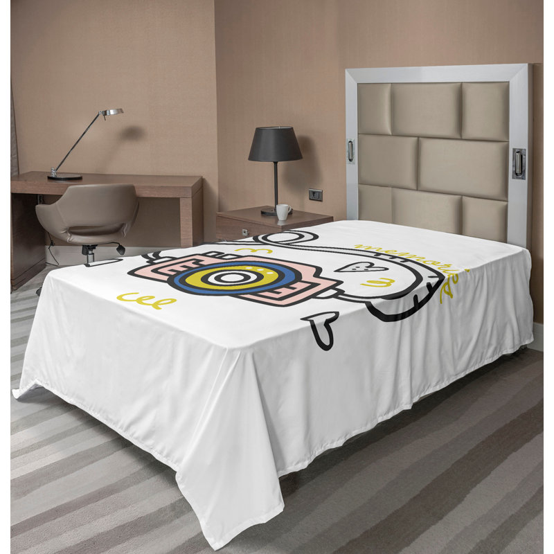 «Ambesonne Memories», dessus plat, dessin simple, appareil photo, moutarde, rose pâle et bleu, Drap plat pour lit simple TG