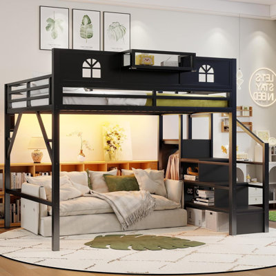 Queen Size Loft Bed with Stairs, Lighting & Charging Station, Metal Adults Loft Beds with Storage Shelves & Wardrobe, 800 lbs Capacity, Extra-Tall Guardrails, Convertibale Staircase, Black