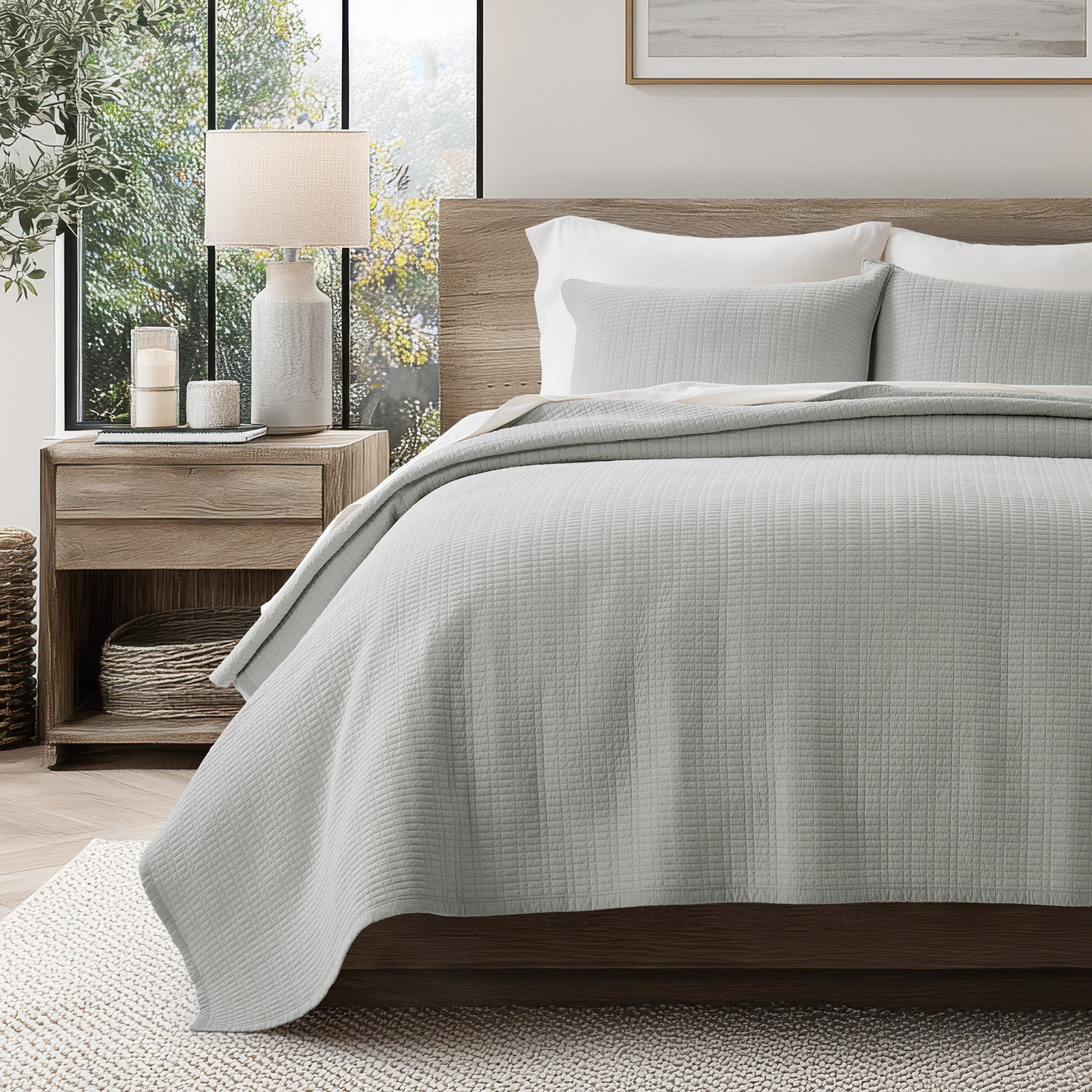 Cotton Quilt Set, Queen Quilt + 2 Shams, Fog Gray
