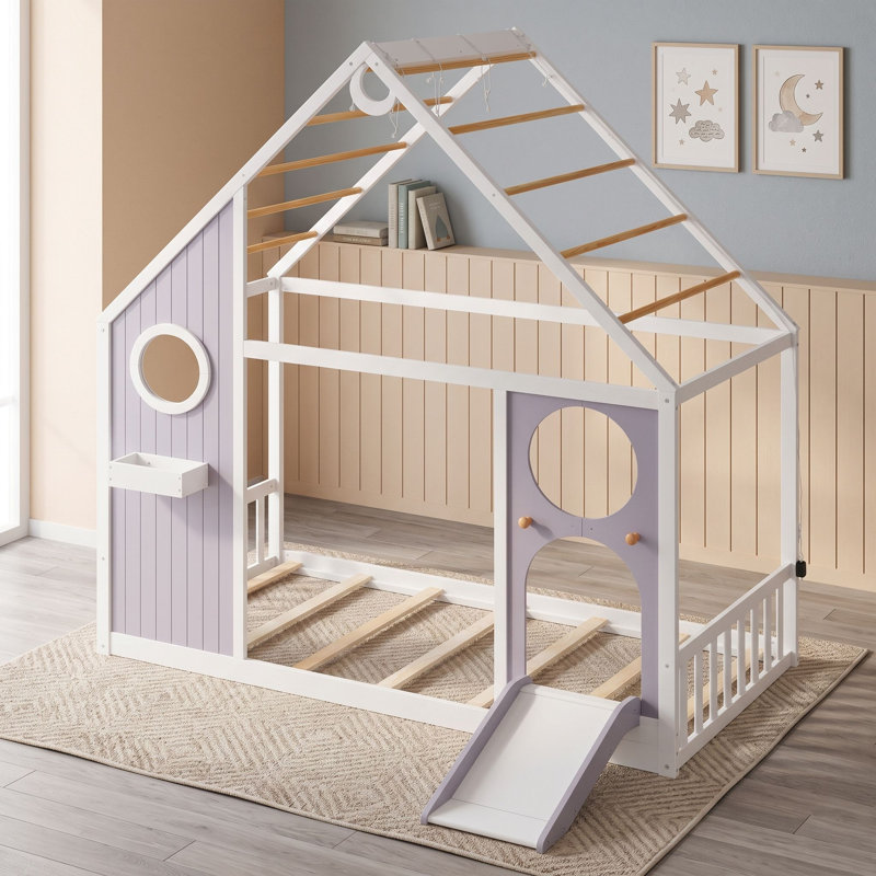 Lit plateforme simple avec glissade, bande lumineuse et conception en forme de maison, Mauve