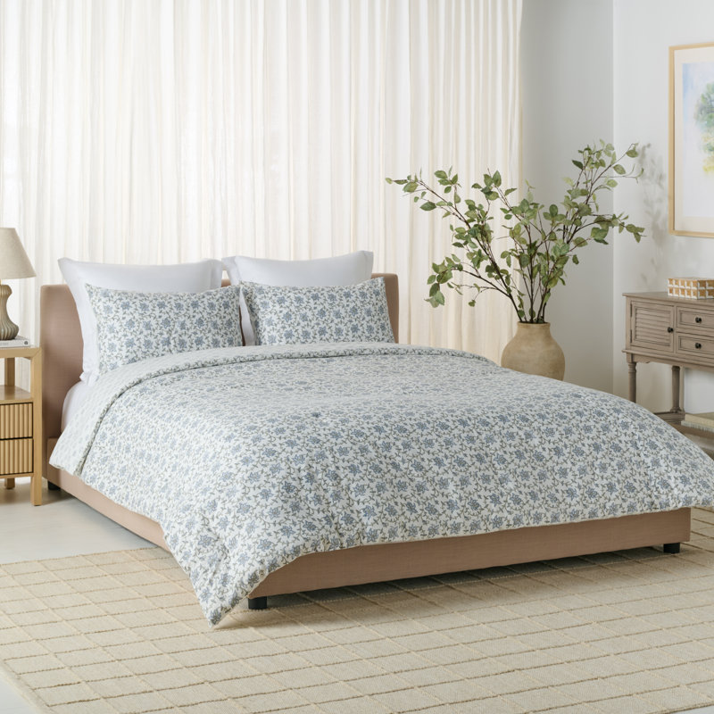Ensemble d'édredon réversible floral, Brume bleue / floral vert sauge, Édredon pour grand lit + 2 taies décoratives pou