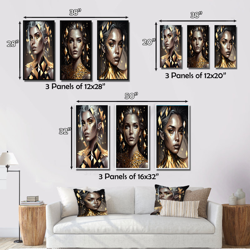 «Radiating Golden Woman», 3 pièces sur toile, Cadre naturel flottant, H 20 po x l 36 po
