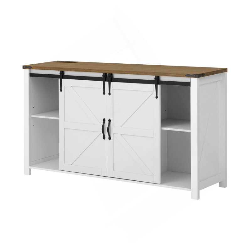 55.1-Inch Sideboard With Storage,Farmhouse Storage Cabinet With Sliding Barn Doors And 4 Drawers, Wood Buffet Table With Power Outlet