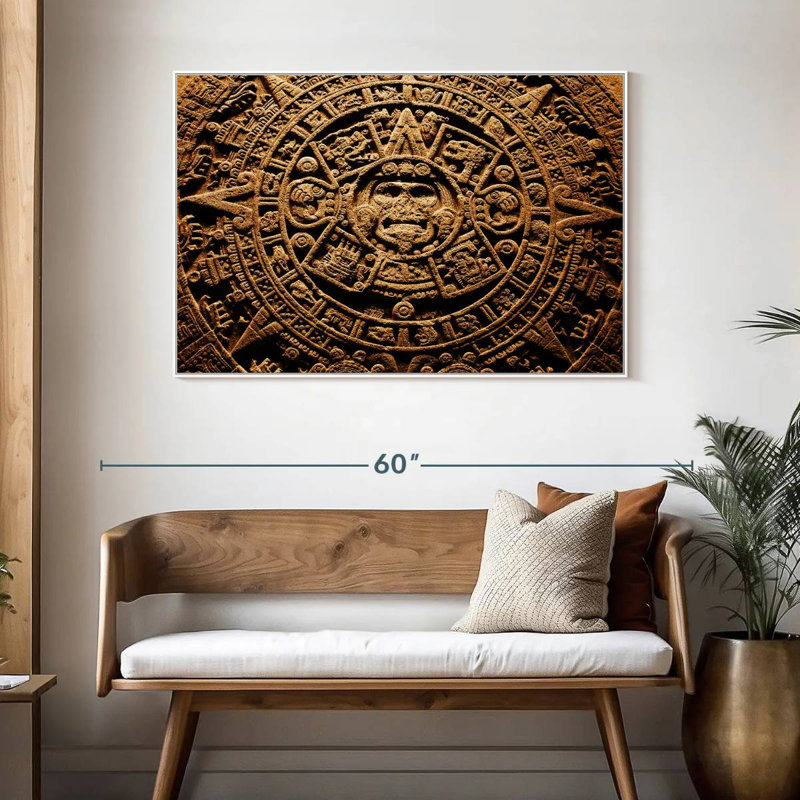 Ancien calendrier aztèque, 46 po x 31 po, Cadre flottant blanc