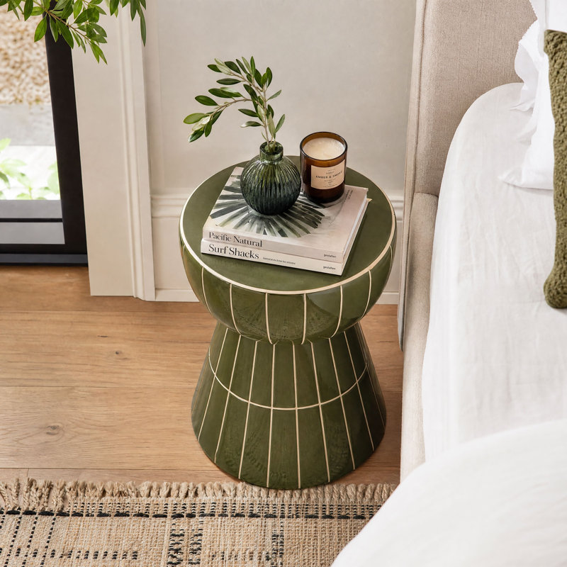 Round Patio Side Table with Linear Pattern, Olive Green Sculptural Accent Table