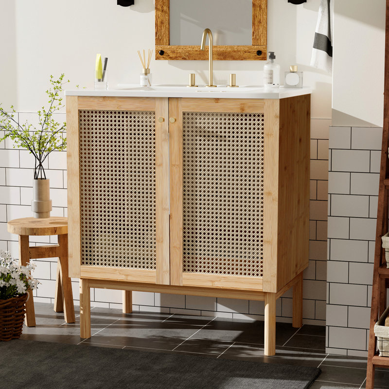 30-Inch Bathroom Vanity Crafted From Natural Materials, Featuring Handmade Rattan Doors And Soft-Closing Mechanisms