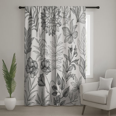 Black White Botanical Illustration Window Curtains, Botanical Sheer & Blockout Curtains - 1 Panel