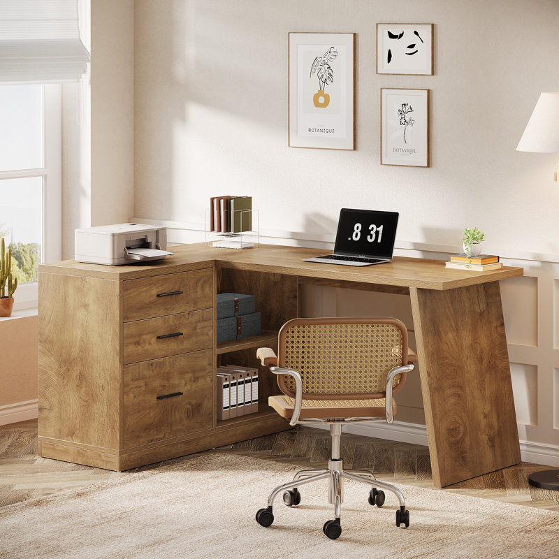 Bureau d'ordinateur en L avec classeur et tablettes de rangement