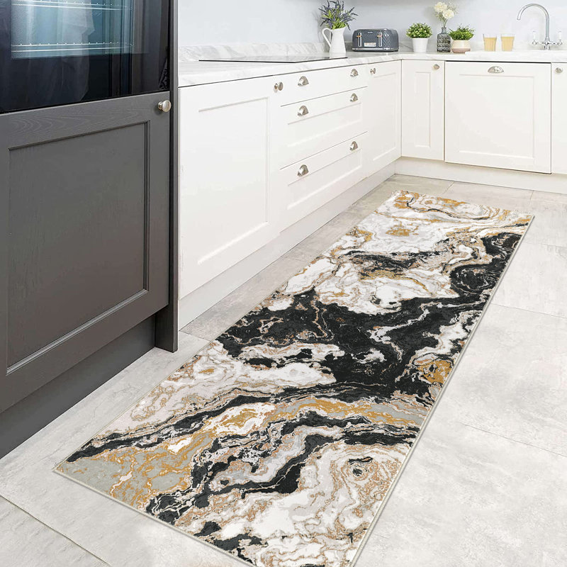 Washable marble-effect rug – modern, flat-woven and non-slip rug – easy to care for, stain-resistant & soft – ideal for living room, bedroom, kitchen, dining room or office – Boho style