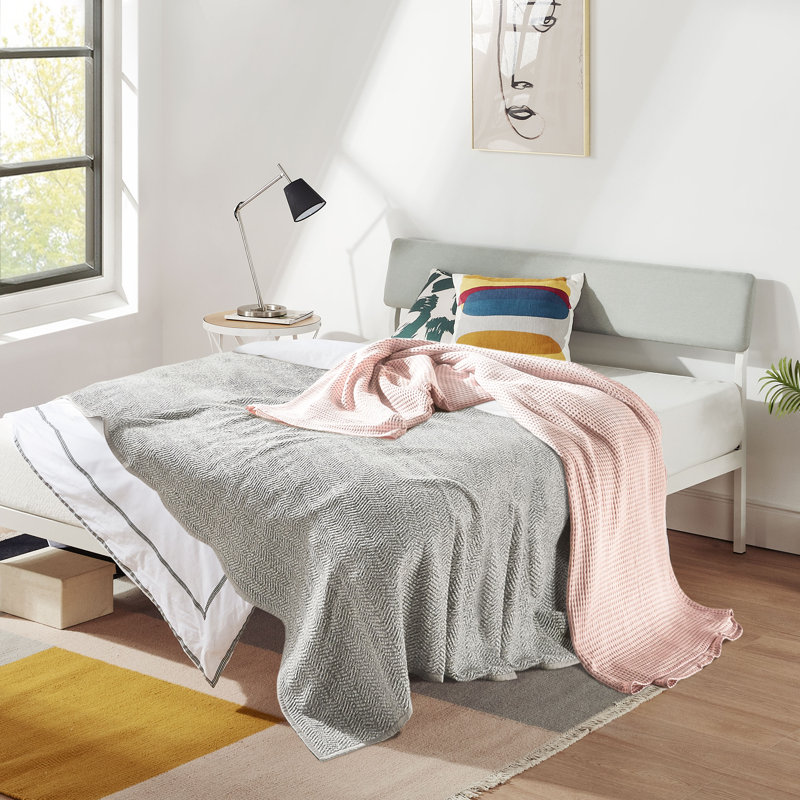Upholstered Metal Platform Bed, Queen, Sky Gray
