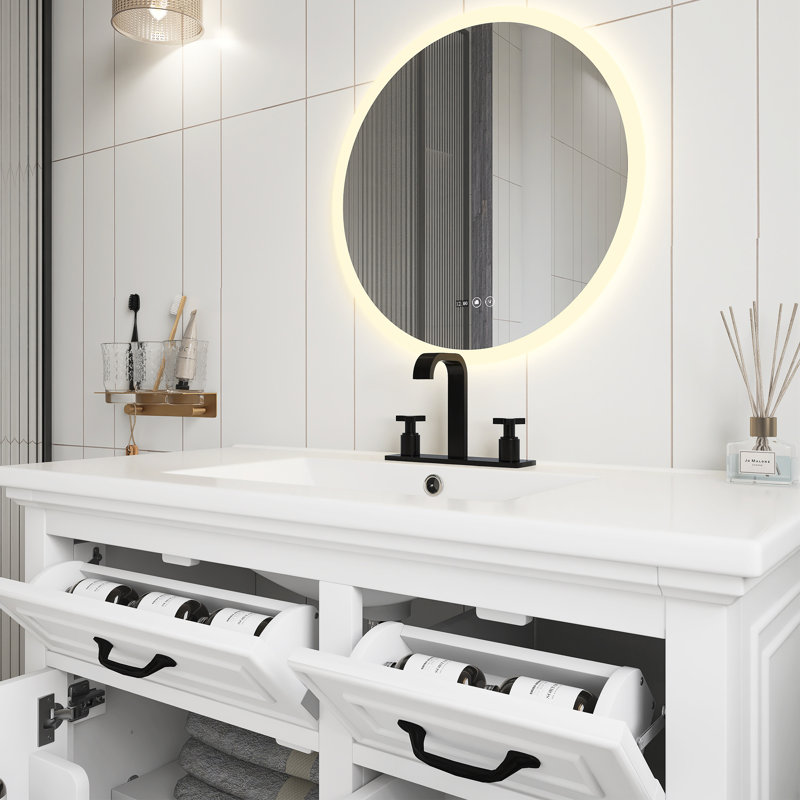 Meuble-lavabo de 36 po en MDF blanc avec comptoir en céramique, 2 tiroirs rabattables et 2 tiroirs standard, armoire de rangement autoportante à tablette réglable