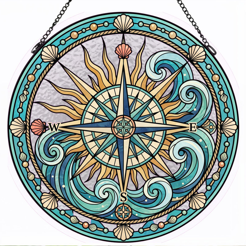 Panneau de vitrail Nautical Compass - 7,8H, H 7,8 po