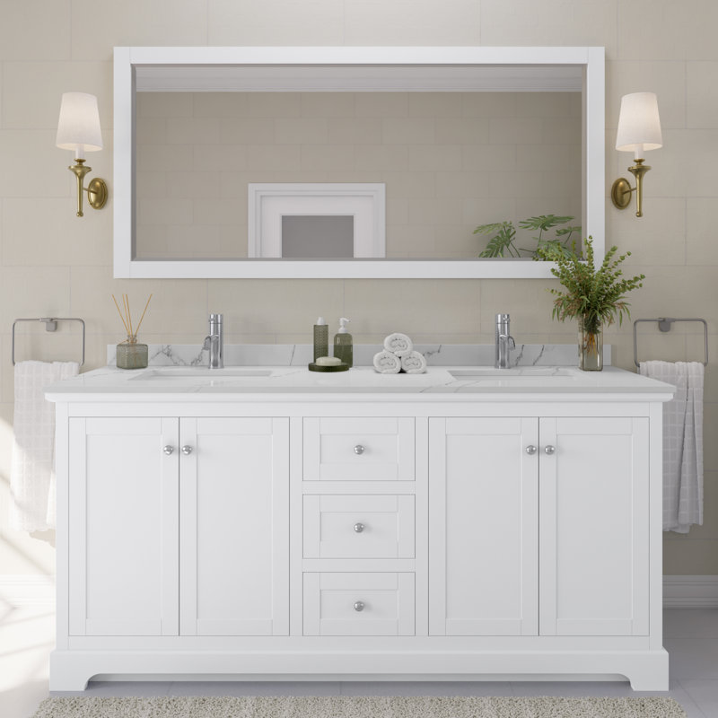 Avery Double Bathroom Vanity with Quartz Top, White Quartz, Matte Black, Dark Blue 1