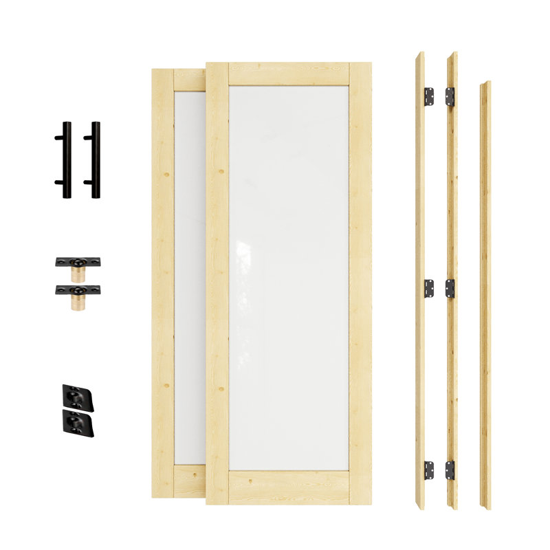 Porte française intérieure de 72 po x 80 po, portes en bois de pin et verre trempé givré 1-Lite, portes en bois de pin massif à peindre sans finition avec cadre, loquets à bille complets et charnières et poignées noires, fabrication en bois de pin naturel robuste et verre d'intimité et en verre givré