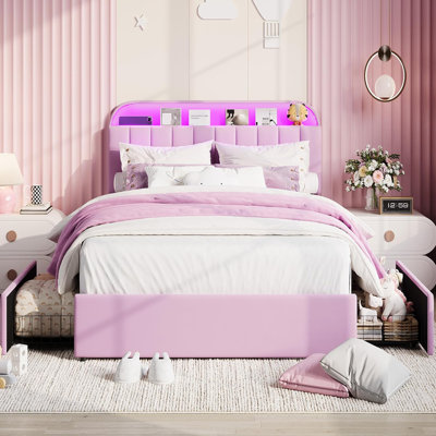 Queen Velvet Platform Bed with Drawers, Bookcase Headboard & LED Lights, Grey