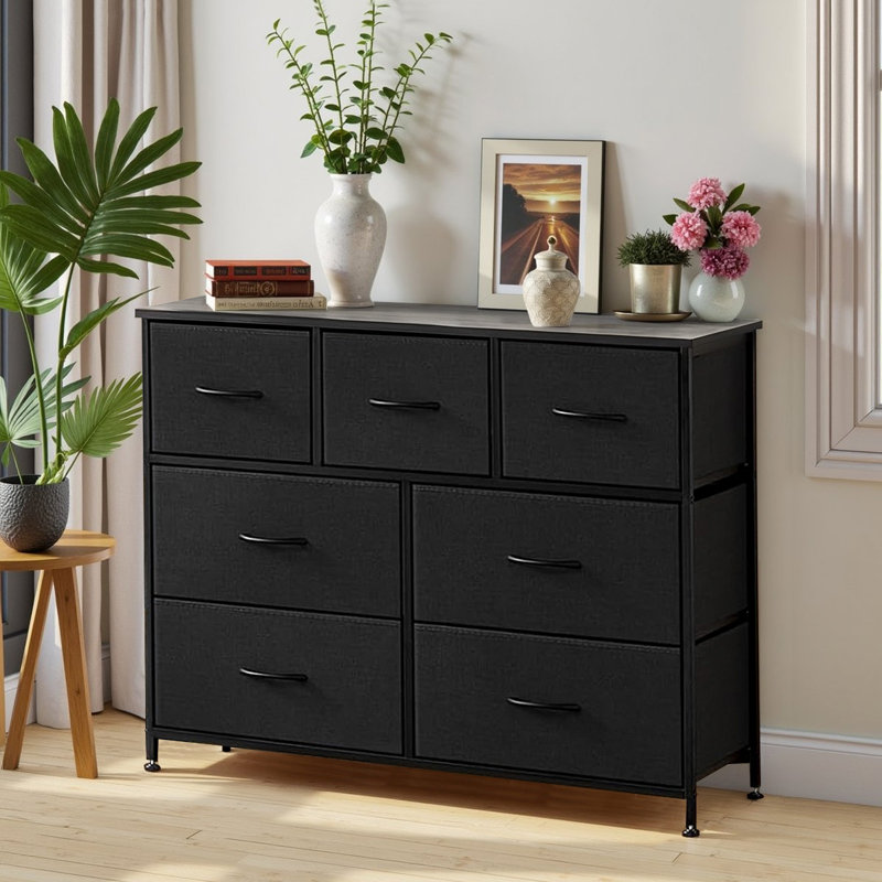 Dresser With 7 Drawers, Tall Dresser For Bedroom, Large Dresser Chest For Living Room, Black