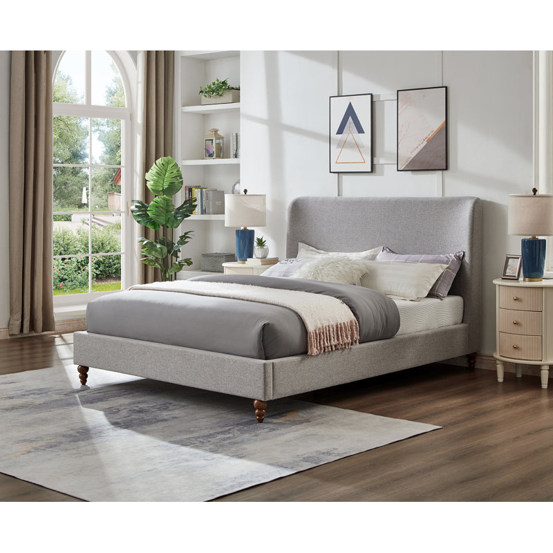 Lit plateforme tapissier moderne avec tête de lit à oreilles, structure de lit en tissu de lin, aucun sommier requis, gris, très grand