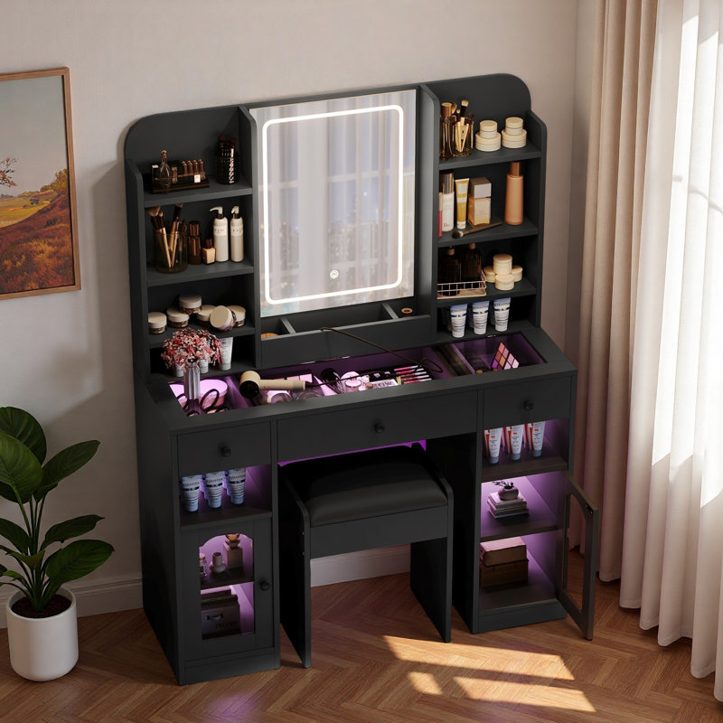 Bureau de coiffeuse avec miroir à DEL, plateau en verre, 3 tiroirs, tablettes de rangement et tabouret, Noir