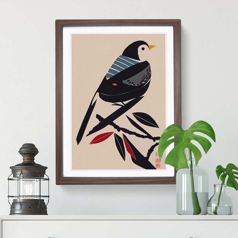 A Japanese Bird - Single Picture Frame Print, 64cm H x 46cm W x 2cm D, Walnut Framed