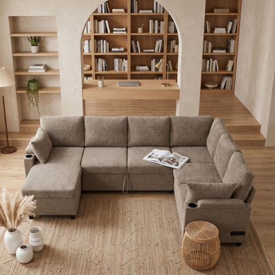 Canapé-lit modulaire avec canapé-lit, méridienne de rangement, ports de chargement, porte-gobelets et rangement caché pour l'accoudoir