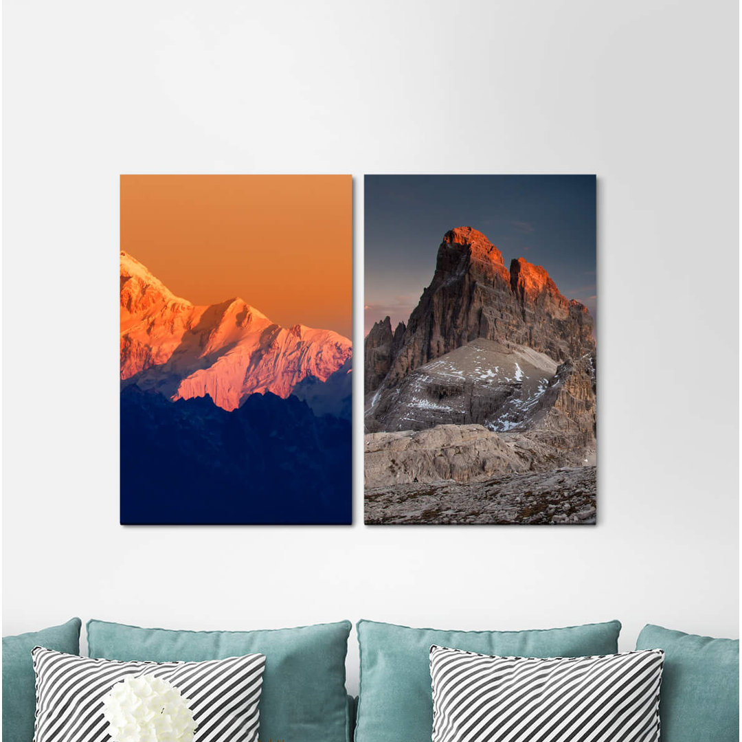 2-tlg. Leinwandbilder-Set - Grafikdruck „Dolomites Mountains Snow Evening Sun Winter Majestic Silence”