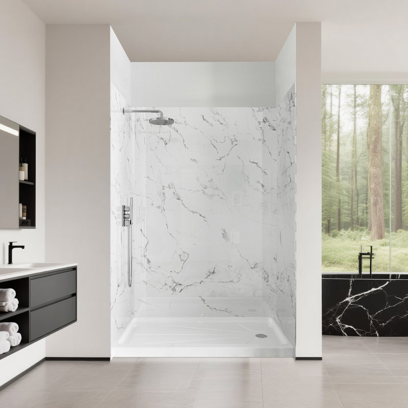 Ensemble de 3 panneaux muraux de douche 60 po x P 36 po x H 80 po, acrylique collé avec 4 garnitures, panneaux muraux imperméables et réglables pour douche à l'italienne, blanc marbre