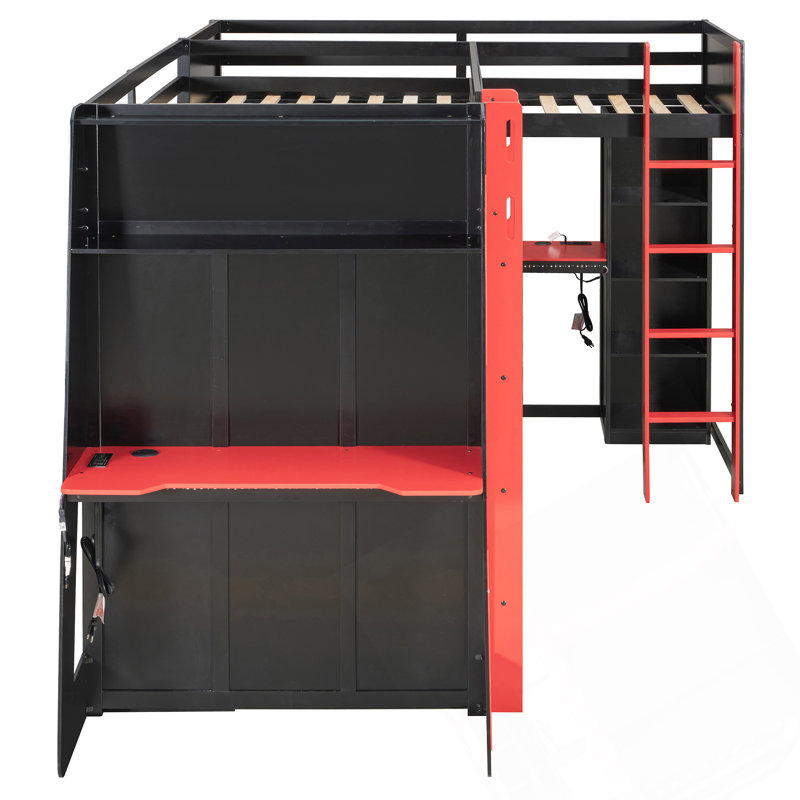 L-Shaped Wooden Twin Size Gaming Bed Frame With RGB LED Lights, Dual Twin Beds, USB Ports, TV Stand & Storage Shelves, Reversible Layout