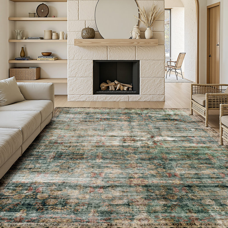 Tapis vintage lavable à la machine avec dossier antidérapant - bleu, Rectangle 9 pi x 12 pi