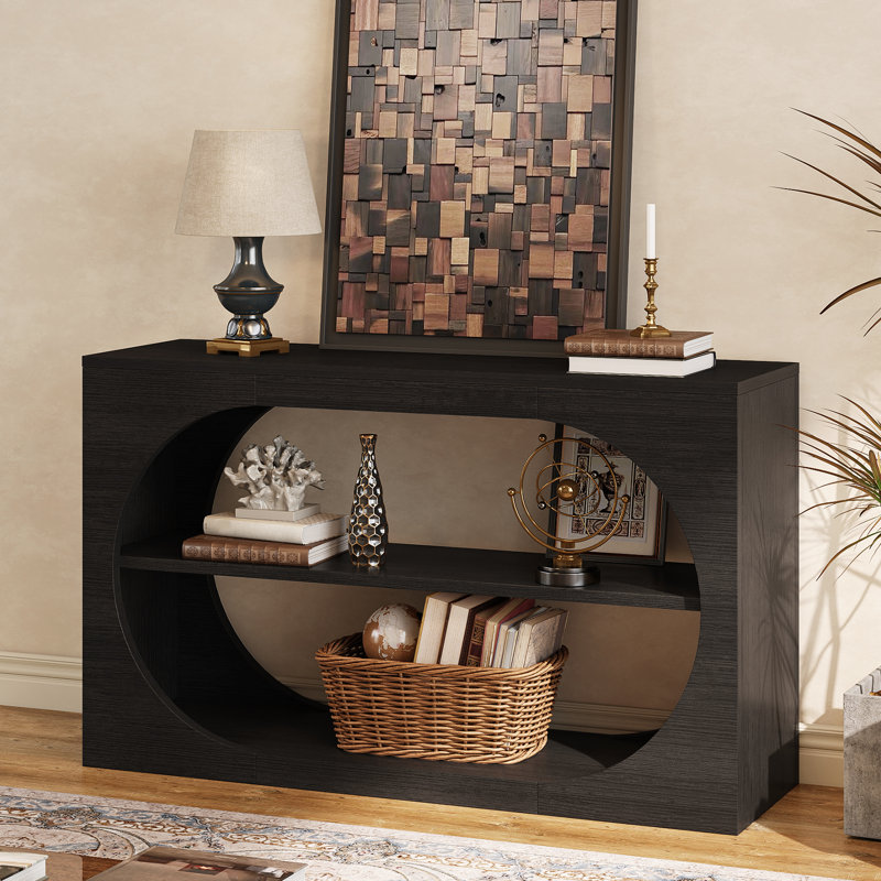 55" Farmhouse Console Table,3-Tier Large Capacity Long Entryway Table Sofa Table with Oval Hollowed Out, Black