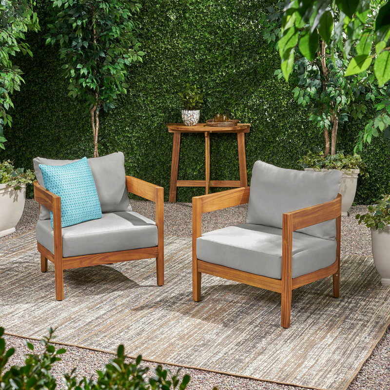Lorene Outdoor Acacia Wood Club Chair with Cushions, Gray