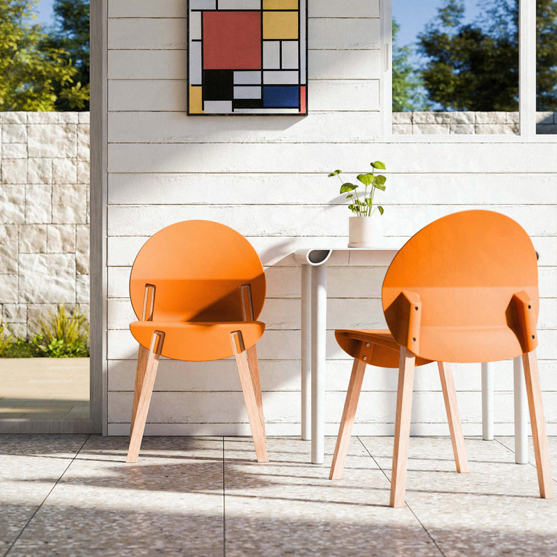 Modern Tropical Orange Dining Chairs with Solid Oak Legs – Set of 4, PP Seat, Tropical Orange