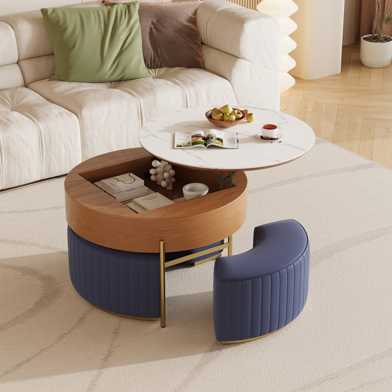 Lift Top Extendable 3 Storable Stools Sintered Stone Coffee Table with Storage, Blue