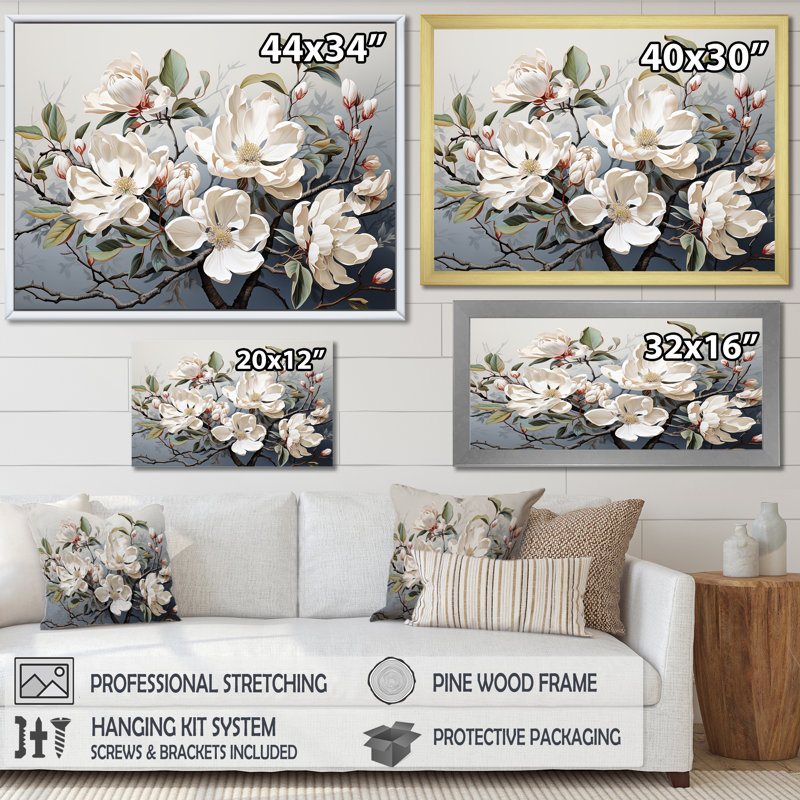 «Whispered Beige Magnolias Serenade I», art mural Magnolias, Cadre flottant doré, 16" H x 32" W