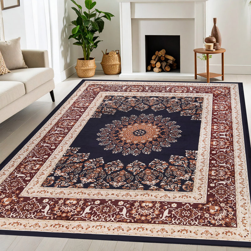 Clavene Nanterre Elegant Floral Medallion Border Washable 100% Nylon Indoor Area Rug, Rectangle 10' x 14' 