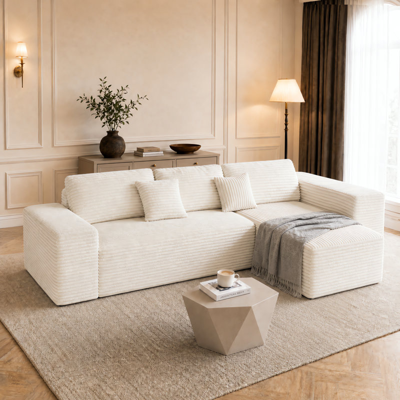 Boneless 110" W Beige Corduroy Upholstered Modular Sectional Sofa with 5 Pillows, 2-Piece Convertible Sleeper, No Assembly Required