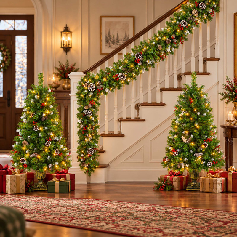 3-Piece Pre-Lit Christmas Tree and Garland Set with 210 Warm White LEDs