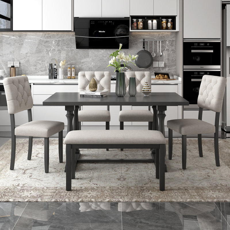 Ensemble de salle à manger Savona 6 pièces en bois massif avec chaises et banc rembourrés