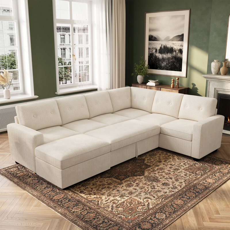 Canapé-lit d'angle en velours côtelé Abramson de 270 cm (106,2 po) en forme de U avec pouf de rangement, Velours côtelé beige